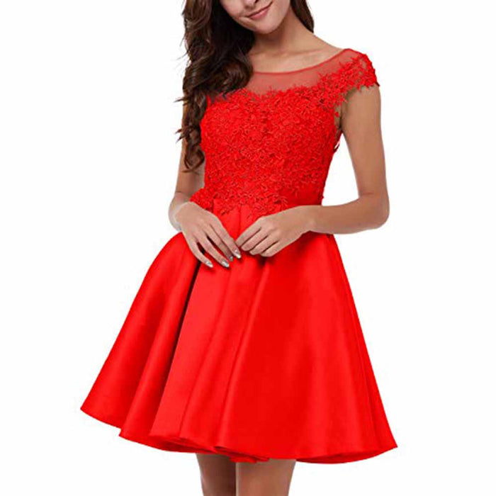 Lace applique homecoming dress in vibrant red with a fitted bodice and flared skirt