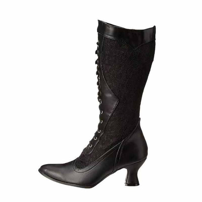 Black lace bridal boots for women featuring a stylish design and unique heel for wedding elegance