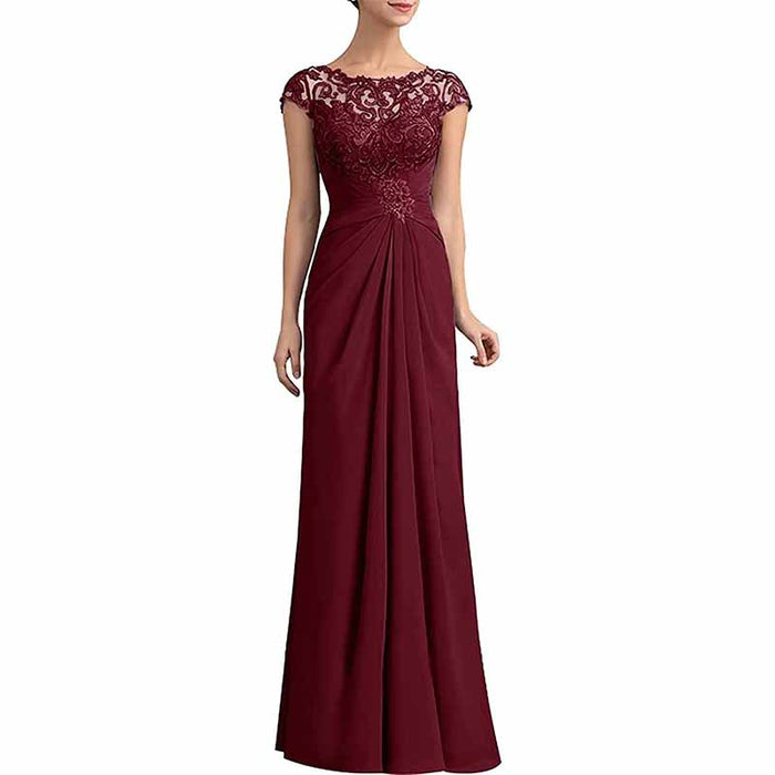 Elegant burgundy mother of the bride lace chiffon dress with cap sleeves and floor-length design