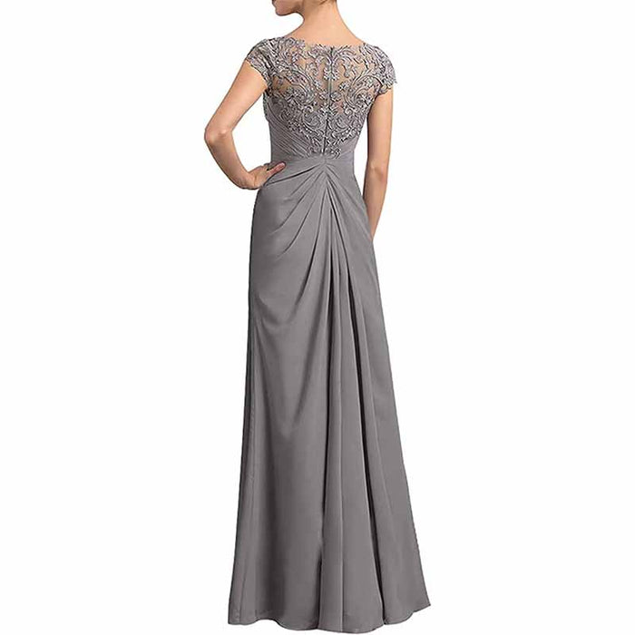 Elegant mother of the bride lace chiffon dress with intricate beaded detailing in a flowing gray design