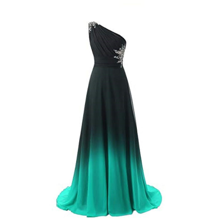 sd-hk one shoulder ombre prom dress with black to teal gradient and embellished bodice