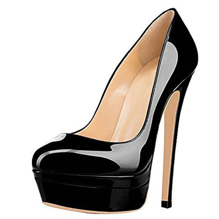 Tucomosi pointed toe platform pumps in black patent leather with a high stiletto heel