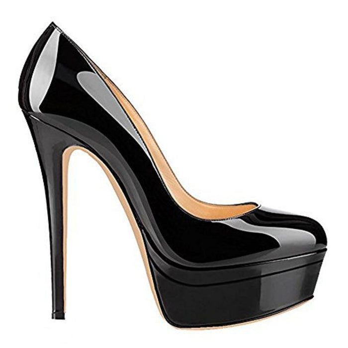 Tucomosi pointed toe platform pumps in sleek black patent with high stiletto heels