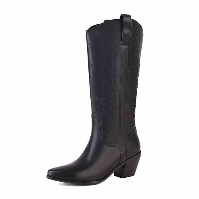 Black pointed toe western knee high boots with decorative stitching and a stylish heel