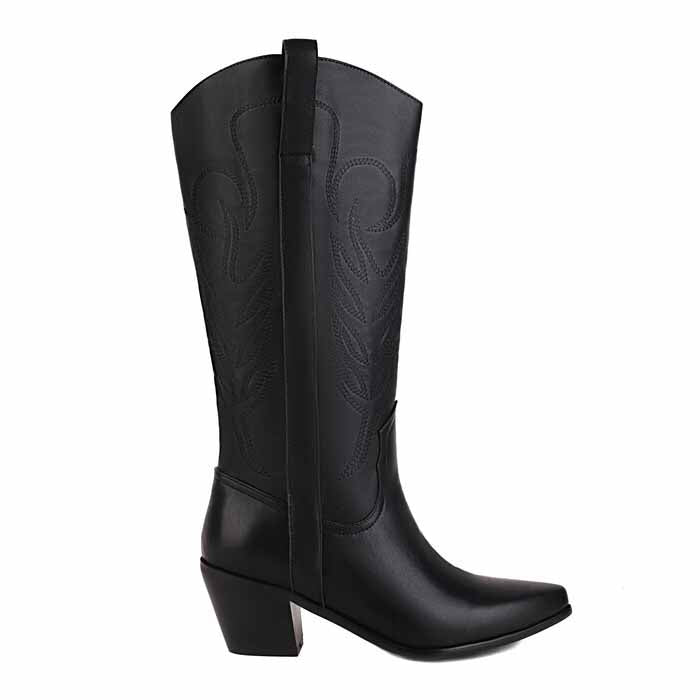 Black pointed toe western knee high boots with stylish stitching and a comfortable heel for cowgirl elegance