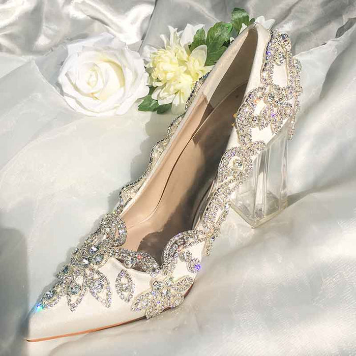 sd-hk Satin Silk Shoes Bride Clear Heels Crystal Pumps Prom Party Wear
