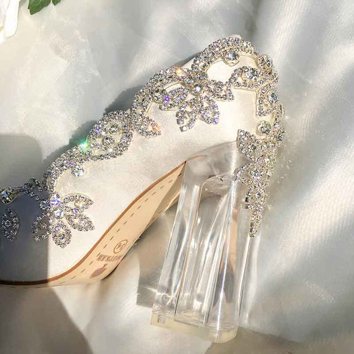 sd-hk Satin Silk Shoes Bride Clear Heels Crystal Pumps Prom Party Wear