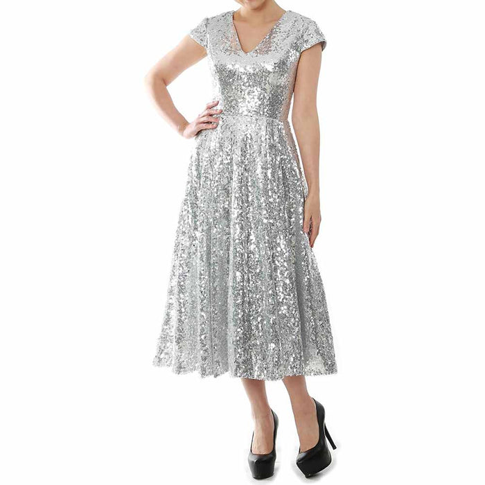 Elegant sequin mother of the bride dress in silver with cap sleeves and a flattering V neckline