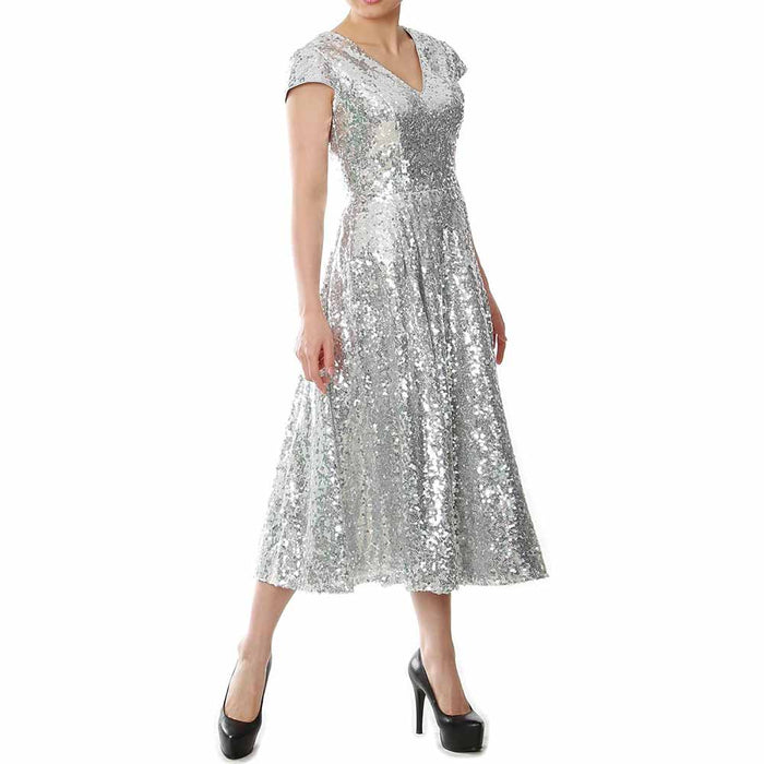Elegant sequin mother of the bride dress in silver with cap sleeves and a flattering v-neck design
