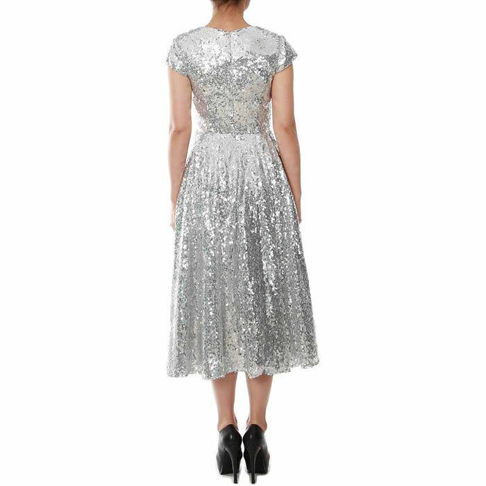 Back view of a stunning sequin mother of the bride dress in silver with a flattering fit and elegant style