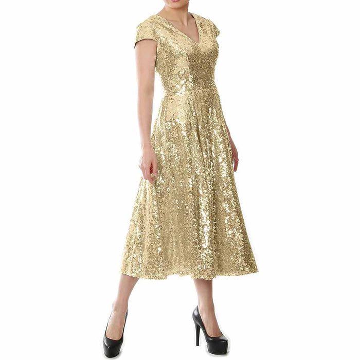 Elegant sequin mother of the bride dress in gold with a flattering V-neckline and cap sleeves