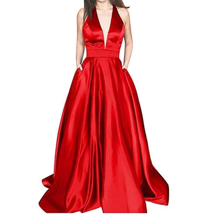 sd-hk Sexy Deep V Neck Sleeveless Wedding Longg Dress Prom Gowns