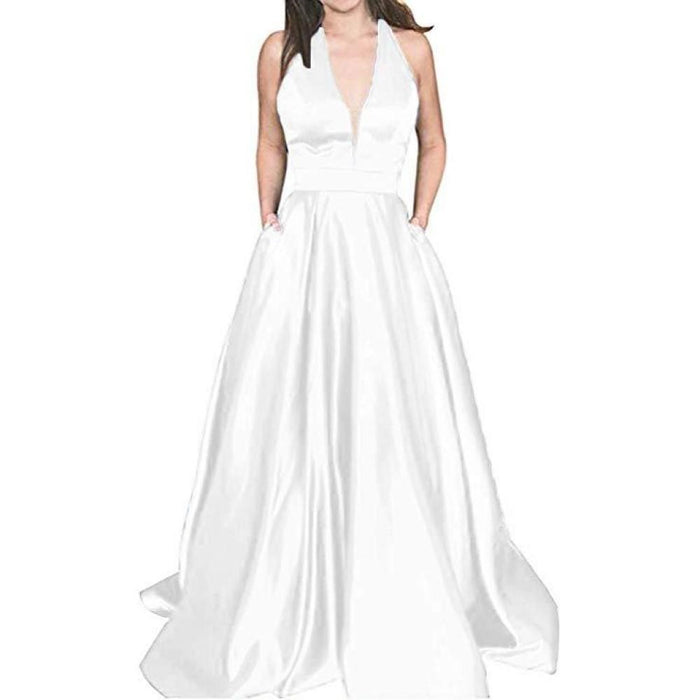 sd-hk Sexy Deep V Neck Sleeveless Wedding Longg Dress Prom Gowns
