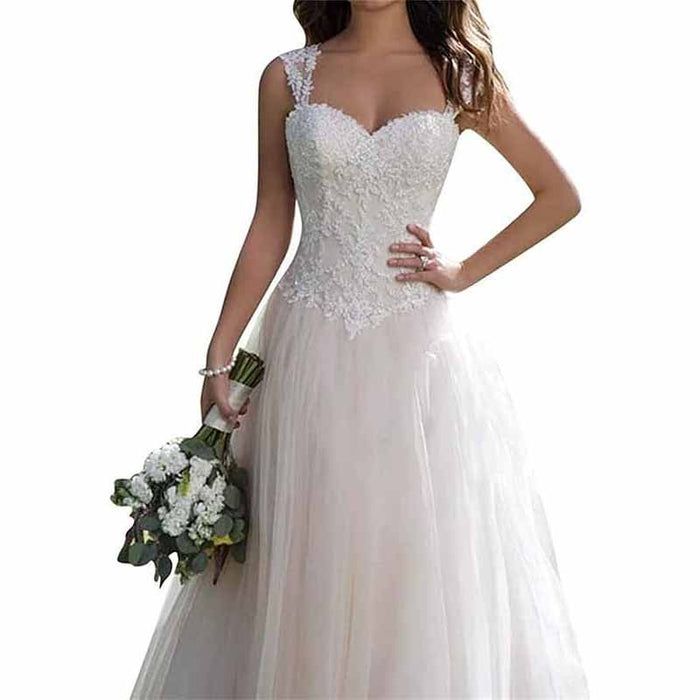 Elegant simple princess wedding dress with lace details and flowing skirt, perfect for a romantic ceremony