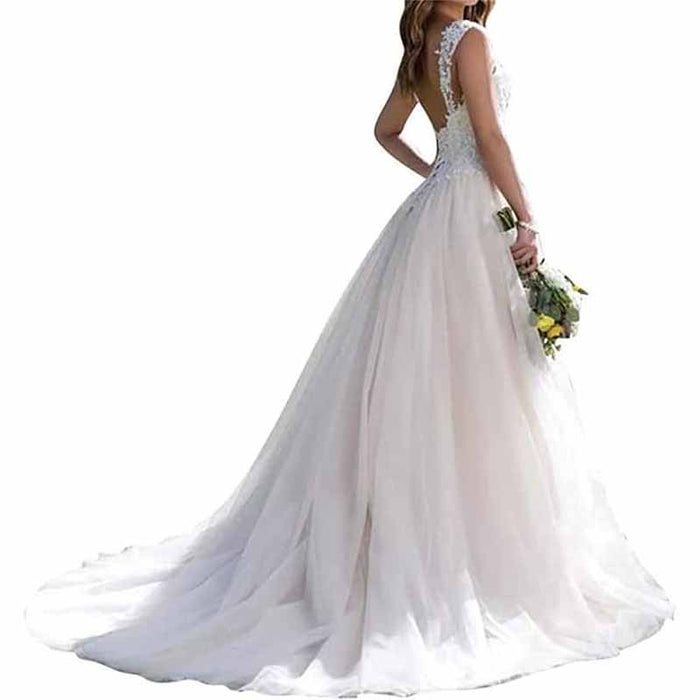Elegant SD-HK simple princess wedding dress with lace detailing and flowing train, perfect for bridal celebrations