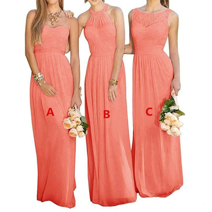 Three sleeveless bridesmaid maxi dresses in coral pink with different necklines and flowing skirts