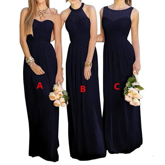 Three sleeveless bridesmaid maxi dresses in black with different neckline styles holding peach rose bouquets