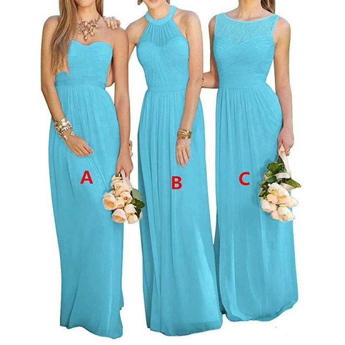 sd-hk sleeveless bridesmaid maxi dress in light blue shown in three styles with bouquets