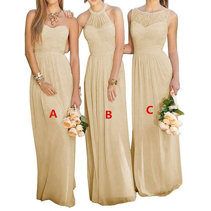 Three sleeveless bridesmaid maxi dress styles in beige with varying necklines by sd-hk holding bouquets