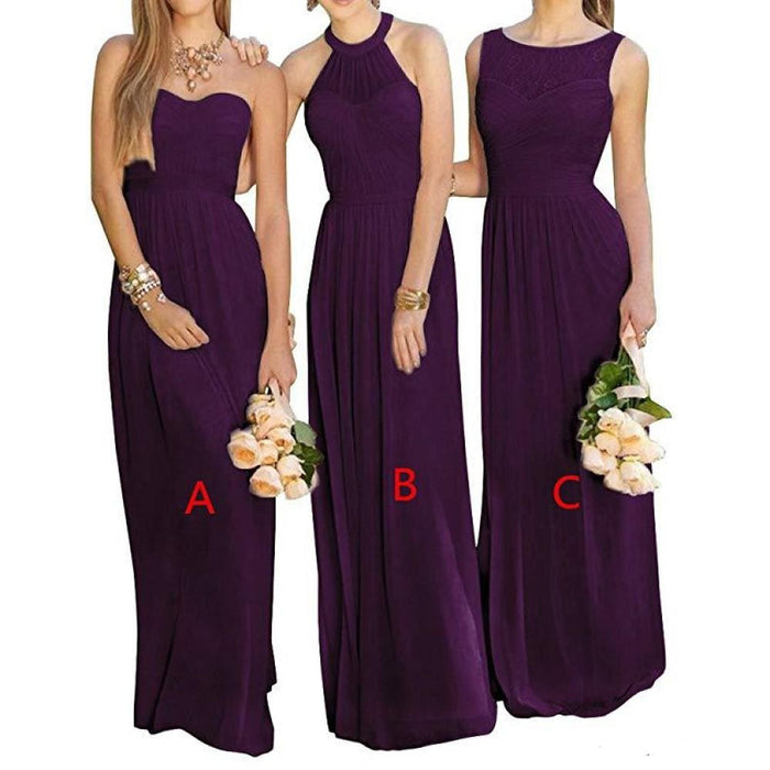 sd-hk sleeveless bridesmaid maxi dress in dark purple shown in three styles worn by models holding bouquets