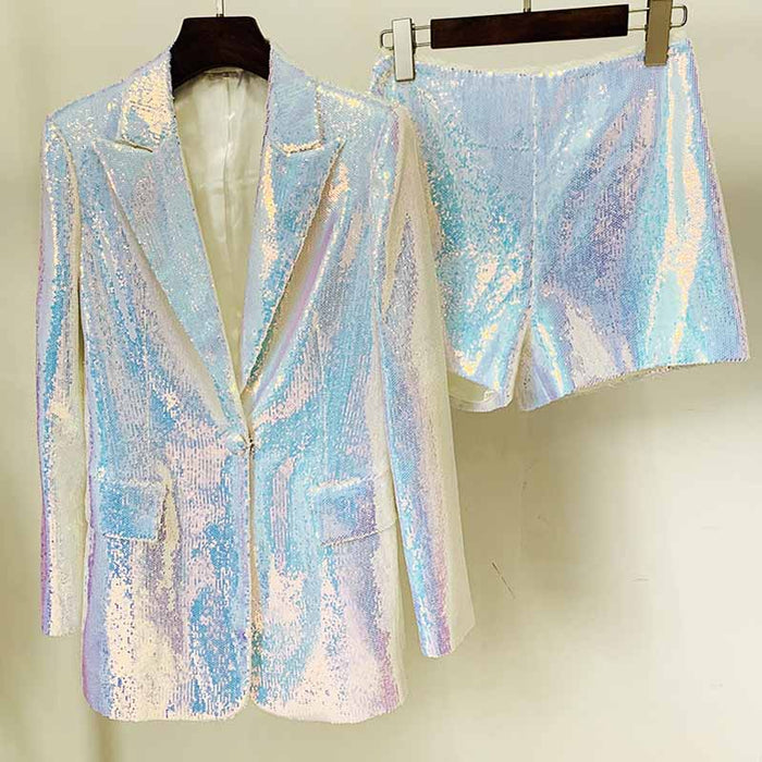 Sparkly blazer and shorts set in iridescent fabric for a fashionable look