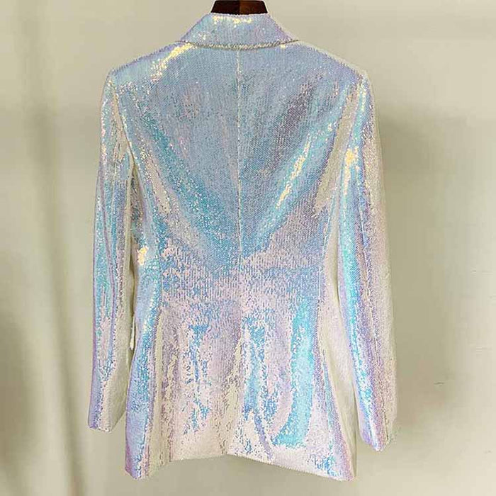Back view of a sparkly blazer and shorts set with shimmering holographic fabric for a stylish look