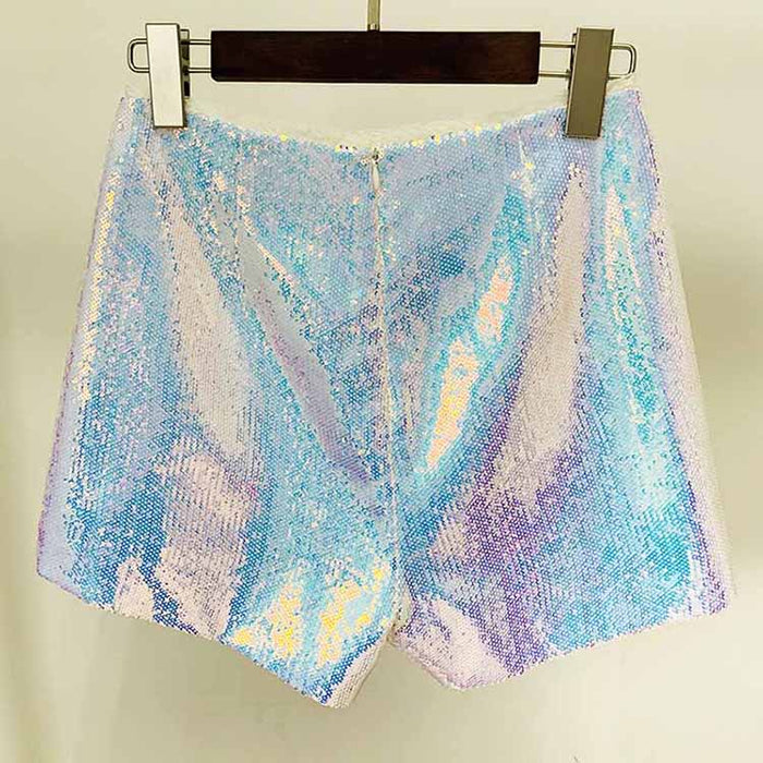 Sparkly blazer and shorts set featuring iridescent sequins perfect for festive occasions
