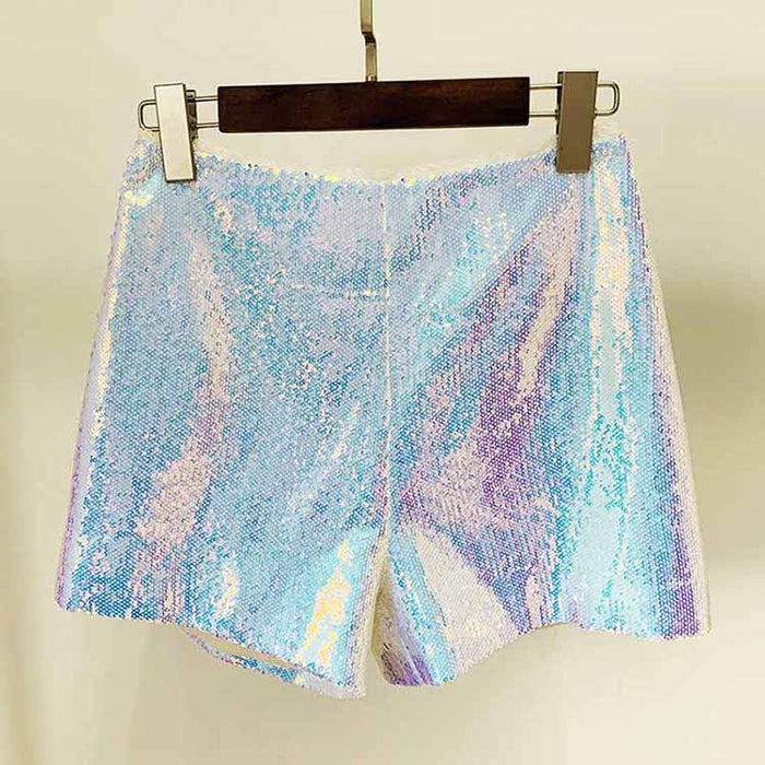 Sparkly blazer and shorts set featuring shimmering sequin shorts in blue and purple tones