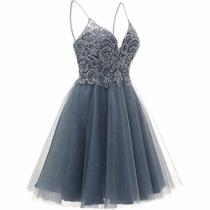 Elegant silver embroidered tulle homecoming dress for teens with a flattering A-line silhouette