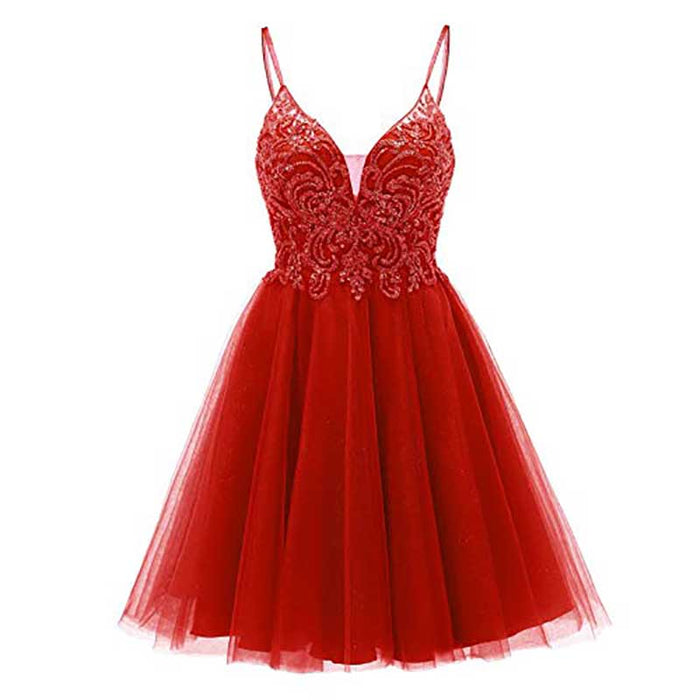 Elegant red tulle homecoming dresses for teens with a plunging neckline and intricate beading