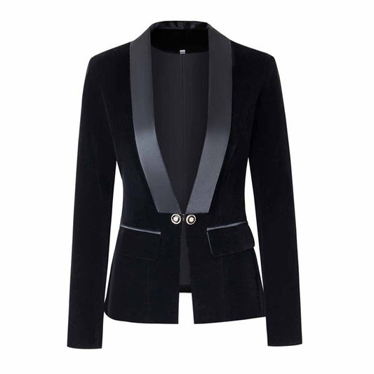 Elegant velvet wedding blazer for women featuring a satin shawl collar and tailored fit