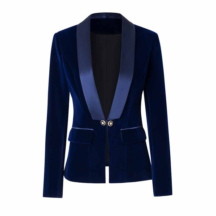 Elegant navy blue velvet wedding blazer with satin lapel and button detailing for stylish occasions
