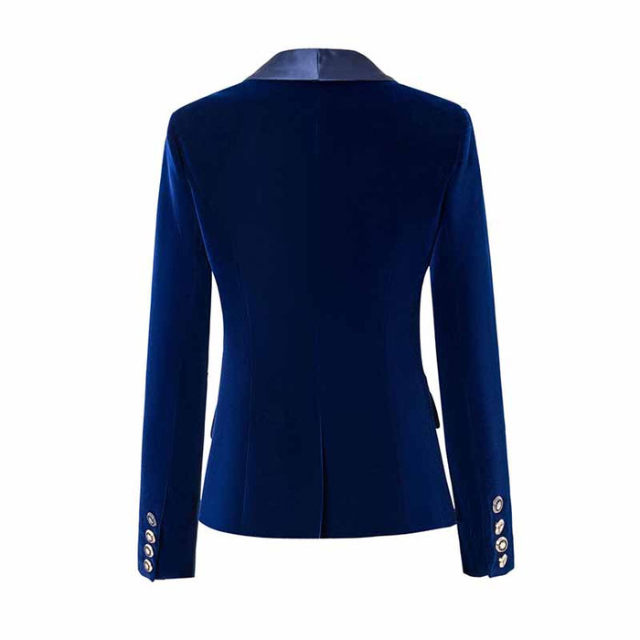 Elegant navy blue velvet wedding blazer for women featuring tailored fit and stylish buttons