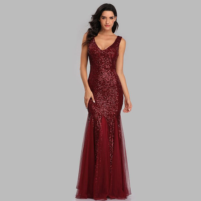 sd-hk Women Wine Red Sequin Evening Dress V Neck Sleeveless Long Party Dress