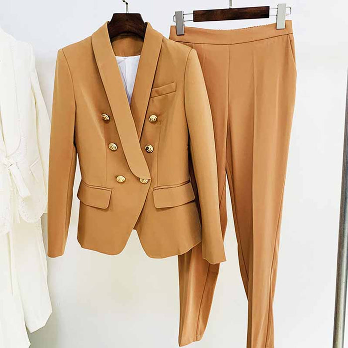 Stylish women's camel pantsuit for work featuring a double-breasted blazer and tailored pants