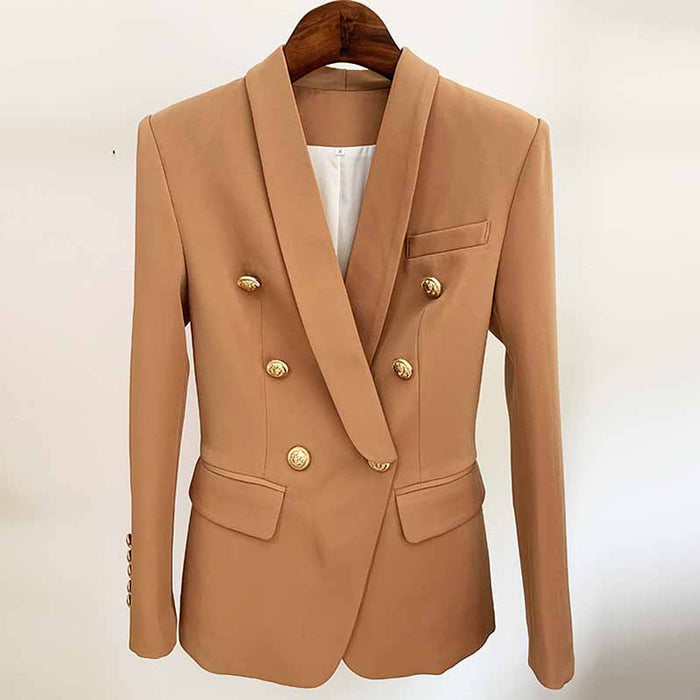 Elegant women's camel pantsuit for work featuring a stylish double-breasted blazer with gold buttons