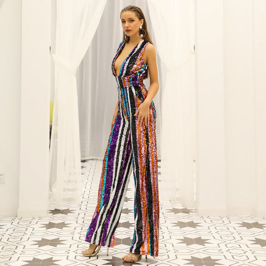 sd-hk Women's Deep-V Strapless Sleeveless Backless Playsuit Sequined Jumpsuit