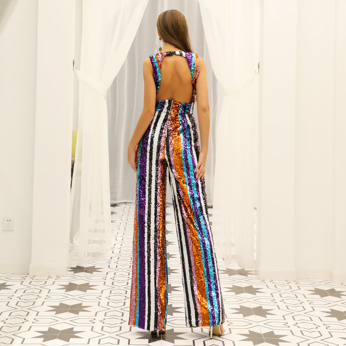 sd-hk Women's Deep-V Strapless Sleeveless Backless Playsuit Sequined Jumpsuit