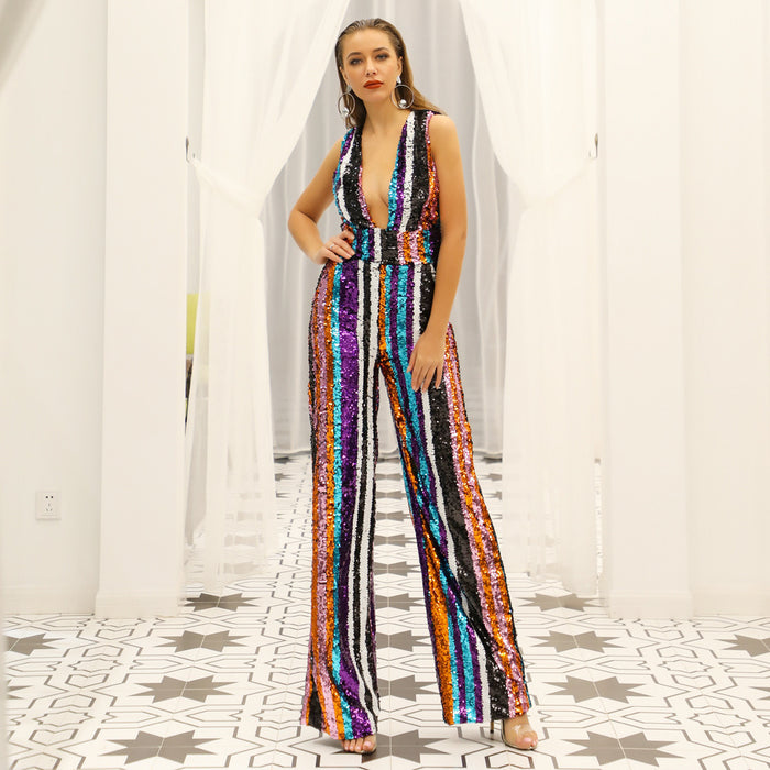 sd-hk Women's Deep-V Strapless Sleeveless Backless Playsuit Sequined Jumpsuit