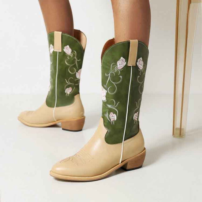 Stylish women's embroidered cowgirl boots in beige and green with floral designs for a trendy look