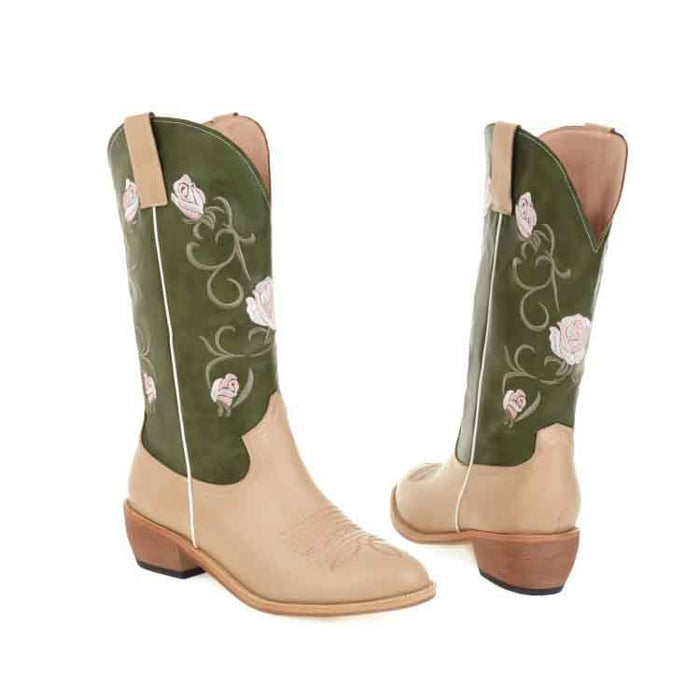 Women's embroidered cowgirl boots in beige and green with floral designs for a stylish Western look