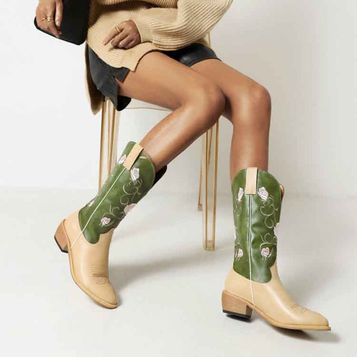 Stylish women's embroidered cowgirl boots with floral design and a modern heel for trendy looks