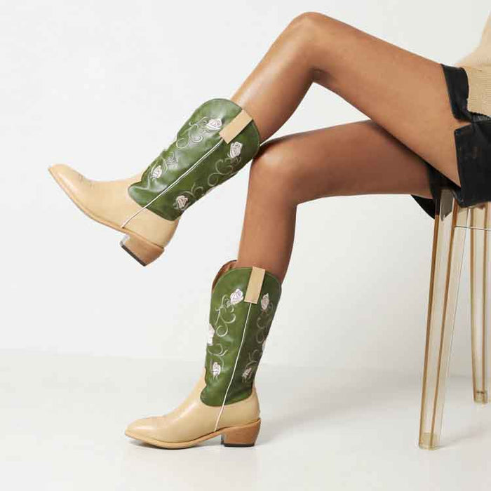Stylish women's embroidered cowgirl boots in green and beige with decorative stitching