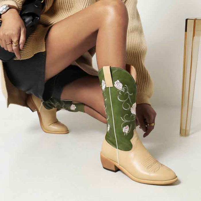 Stylish women's embroidered cowgirl boots in beige and green with floral details for trendy outfits