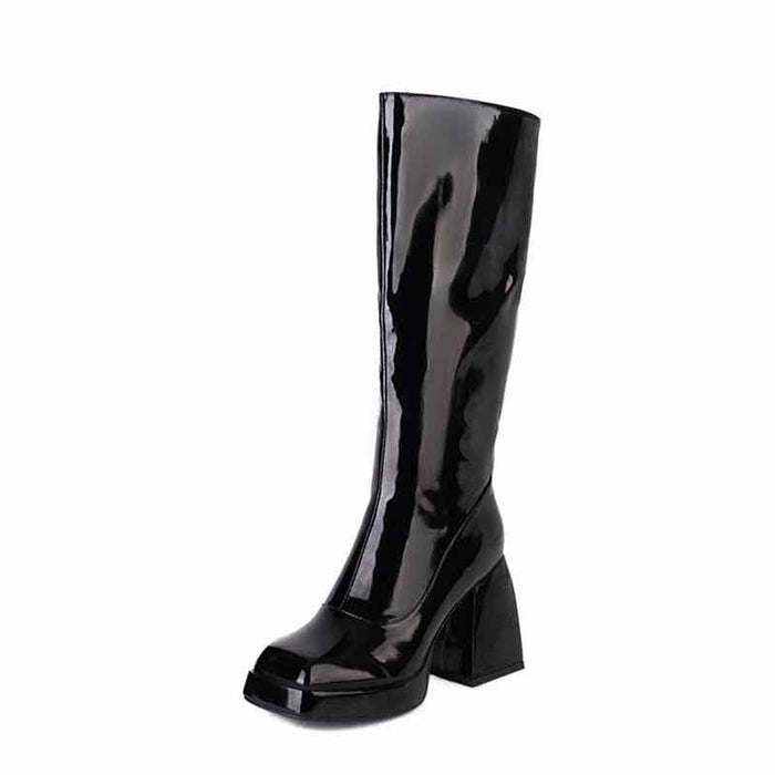 Shiny black women's knee high boots with chunky heel for a stylish look