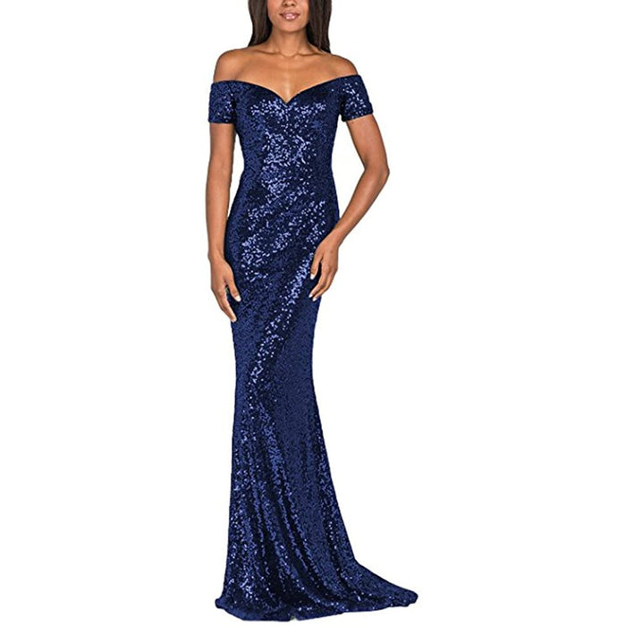 sd-hk Women's Off Shoulder Sequins Evening Dress Long Mermaid Side Slit Formal Dresses