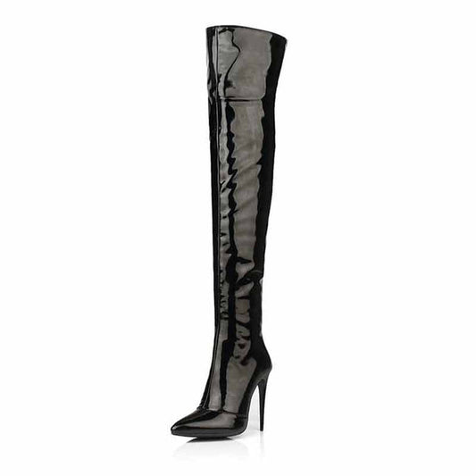 Stylish women's patent leather thigh high boots with a sleek design and high stiletto heel