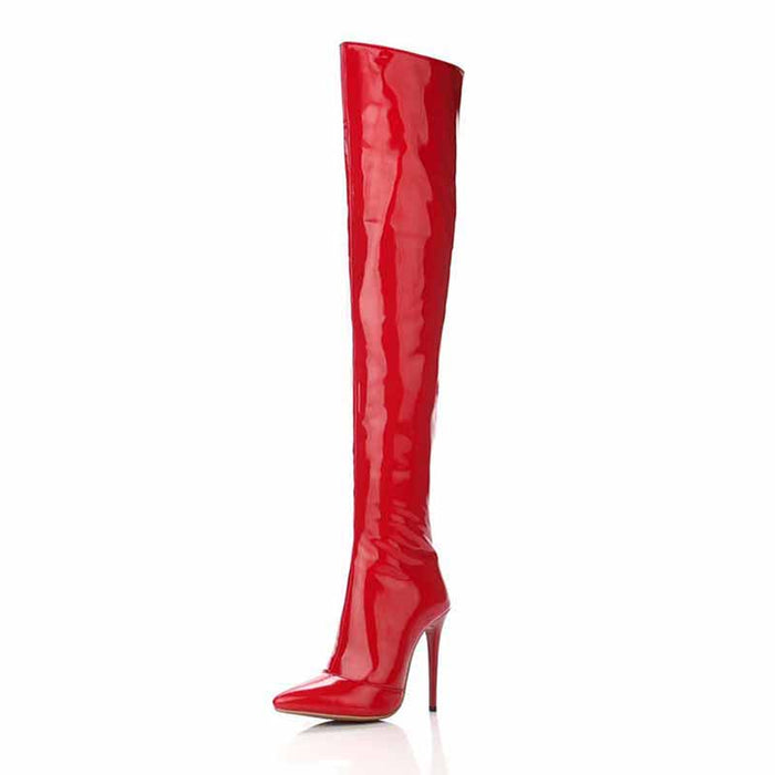 Bold red women's patent leather thigh high boots with a sleek design and high heels