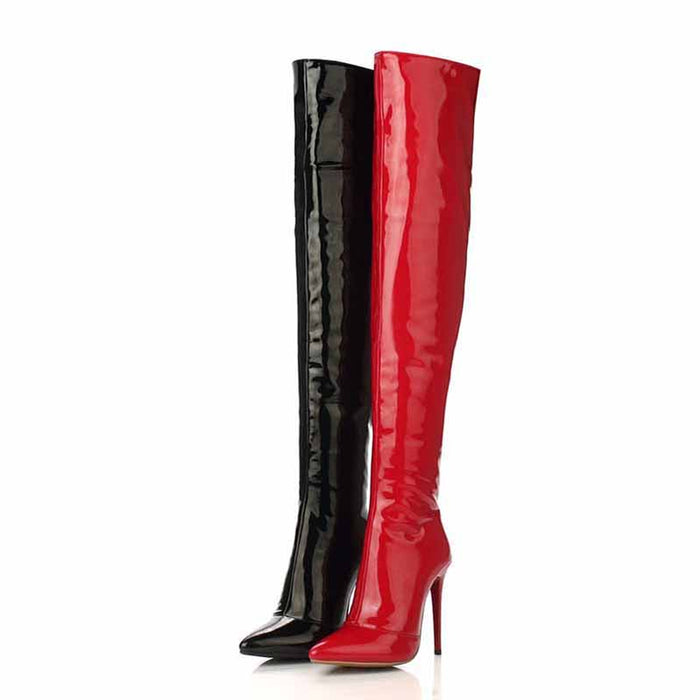 Stylish women's patent leather thigh high boots in red and black with high stiletto heels