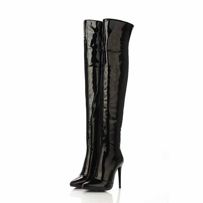 Stylish women's patent leather thigh high boots with a sleek design and high heels